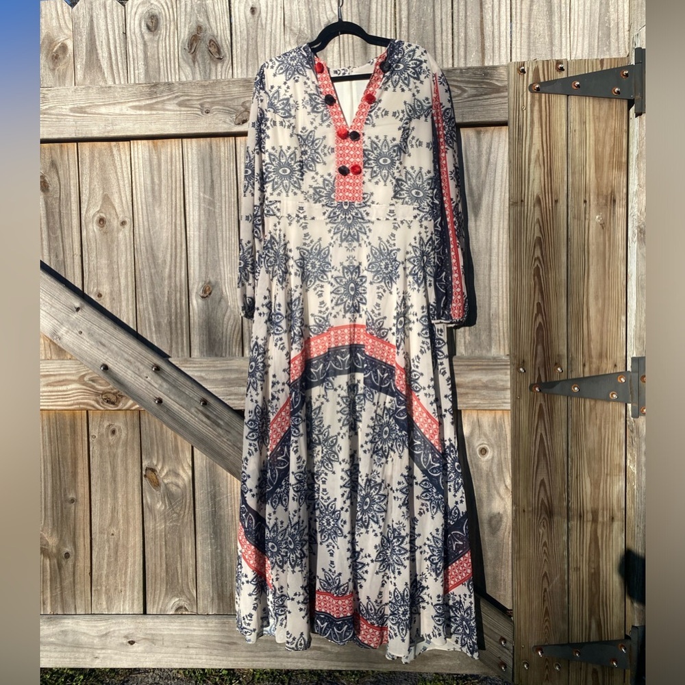 Boho Maxi Dress in Cream with Navy & Coral Accents